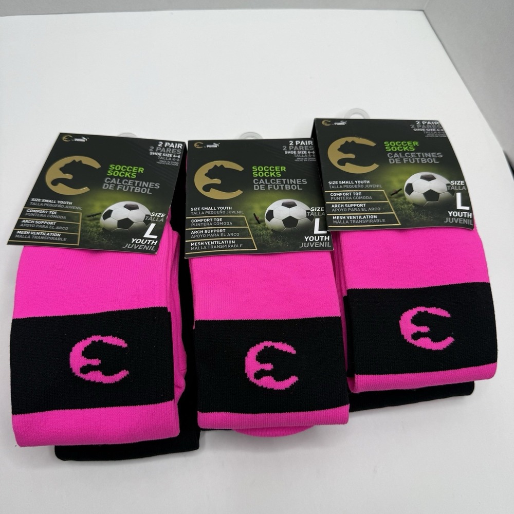 Puma Youth Soccer Socks Size L 6 Pairs Pink Black Crew 4-6